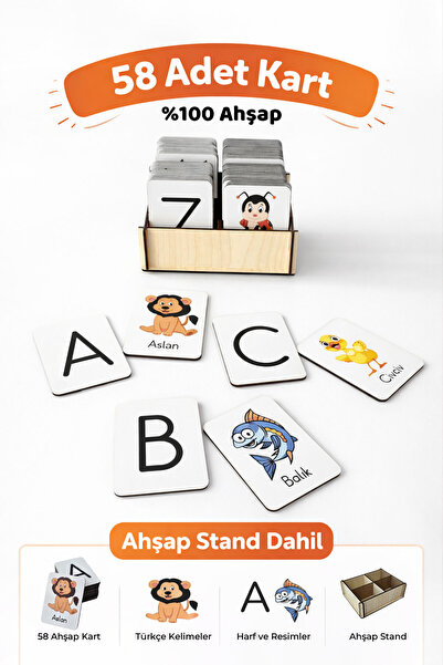 metafortoys 58 Parça Ahşap Alfabe Eşleştirme Kartları Zeka Oyun Puzzle Kartları