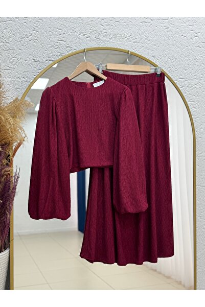 MİHRA STORE Σετ Φούστας με Μανίκια Μπαλόνι Gülsüm - EK211 Βουργουνδί