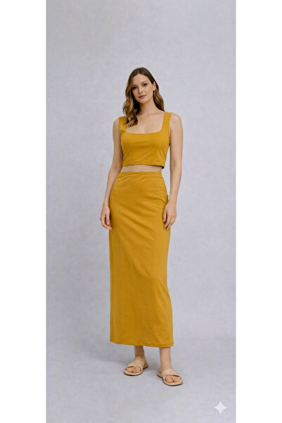 Kutaf Summer Cotton Piece Stretchy Fabric Skirt and Top Set - Mustard, White,...