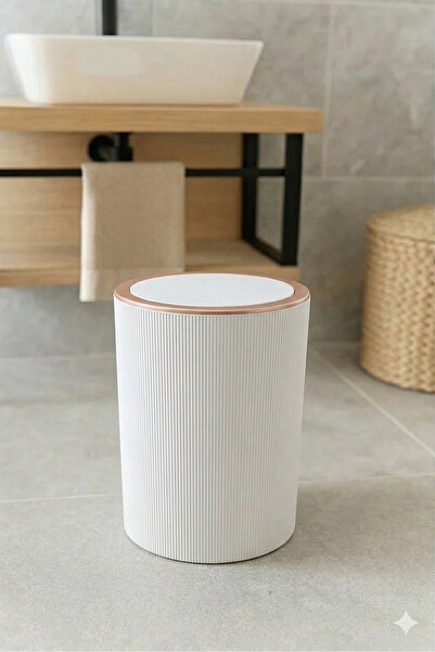 İndecor Houseware ليزا وايت مخطط سلة مهملات مستديرة للحمام - سلة مهملات للمطب...