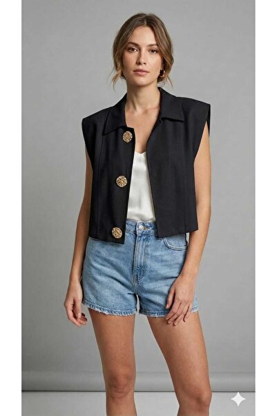 MONAMORE Women's Black Open-Front Ornamental Button Detailed Padded Shoulders...