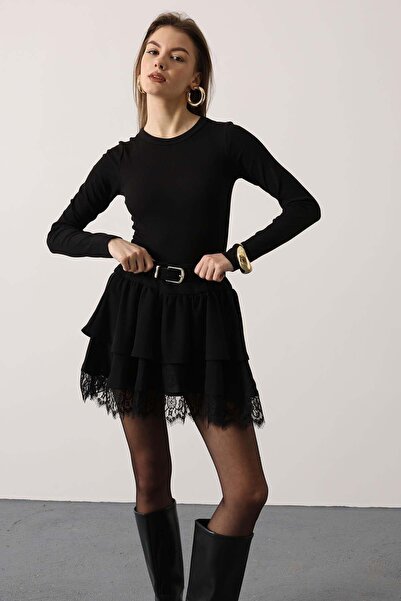 Reyon 37199 Kemer Detaylı Dantelli Kat Kat Kadın Mini Etek