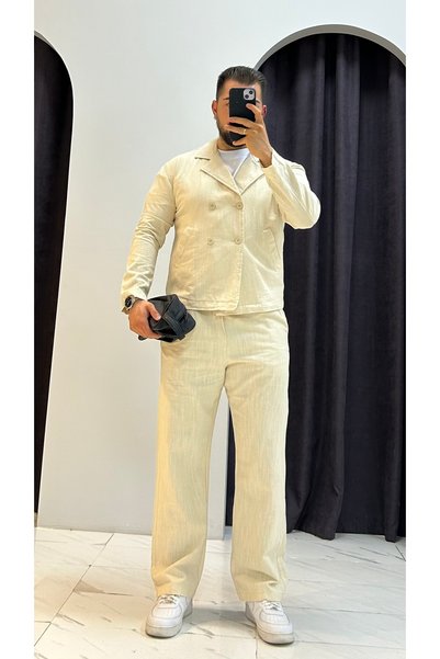 MERVENS Linen Double-Breasted Jacket and Pants Set