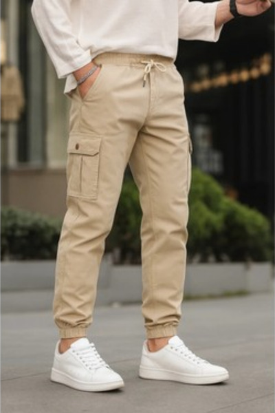 COOL TARZ Beige Slim Fit None Denim Men's Cargo Pants with Pocketed Side Wais...