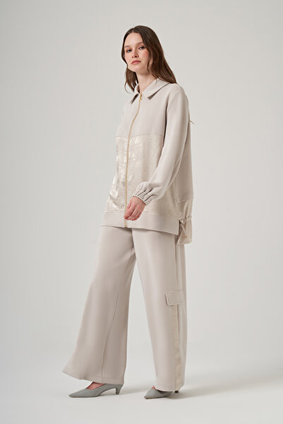 Nuss Pants with Ribbed and Satin Detail Set 1048 Ecru