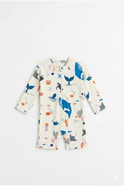 Beniizle Patterned Long-Sleeved Baby Boy Swimsuit with Shorts