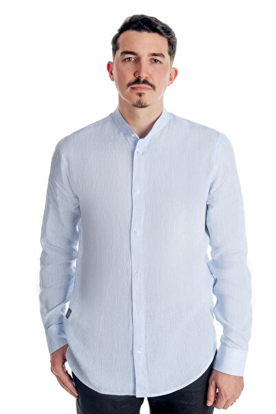 URSACHI Casual men's shirt, light blue, linen, with long sleeves, classic col...
