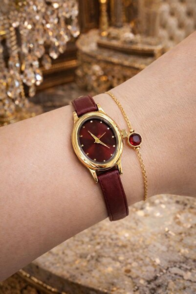 Aurex Kadın Bordo Kadranlı Altın Kasa Şık Kol Saati | Zarif & Minimal Tasarım