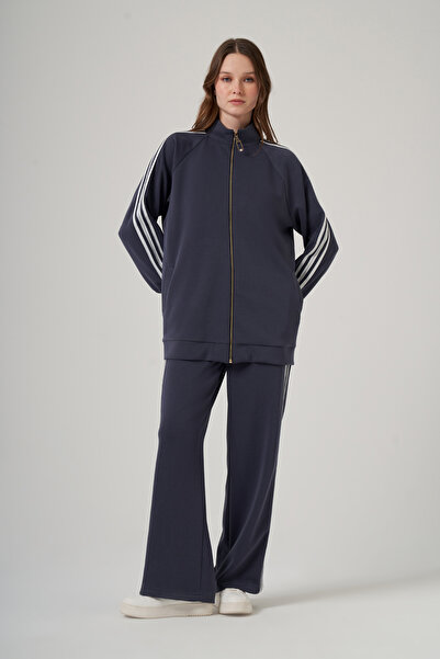 Nuss Zipper Detailed Pants Suit with Stone Detail 1092 Navy Blue