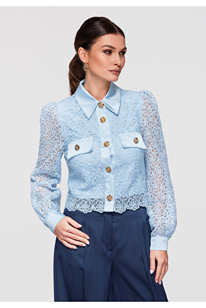 OMBRE Femei Cămașă Dantelă Elegantă OW-SH-E0030 Albastru