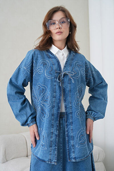 Miss Allos Women's Embroidered Wide Fit Long Summer Denim Kimono Double Set