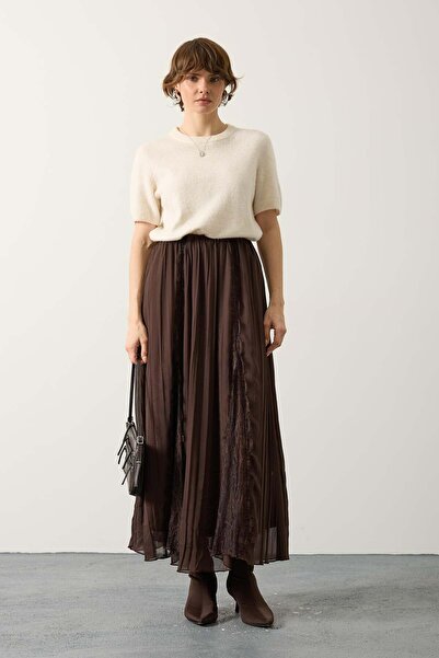 Reyon 37214 Beli Lastikli Dantel Detaylı Kadın Şifon Maxi Etek Kahve