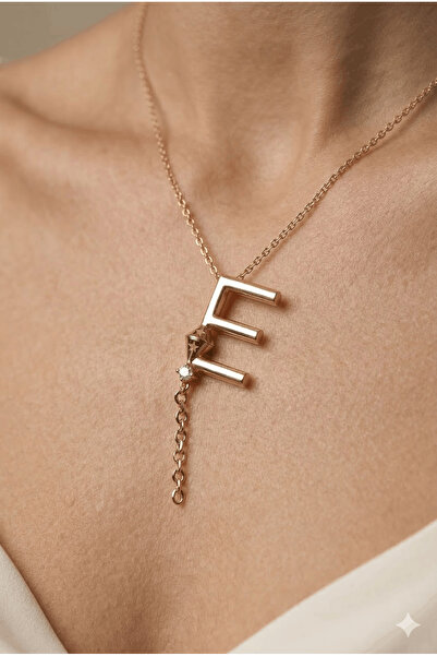 staınless steel 316L Altın Kaplama Çelik Taşlı E Harf Kolye (Kararmaz, Paslan...