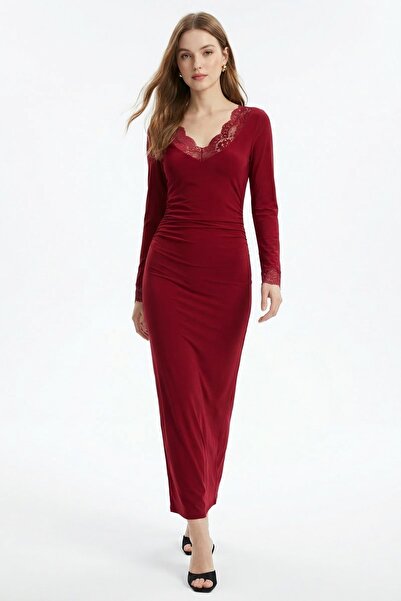 Rays Rochie burgundy cu decolteu în V, pachet de dantelă bucăți 15067