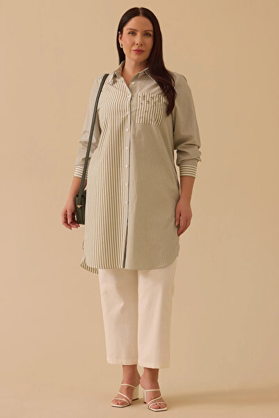 Gala-Xi Galaxi Women's Large Size Striped Pocket Detail Tunic 4014 Green