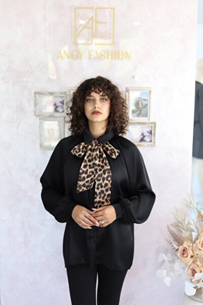 Angy Fashion "Feline Chic" Satin Shirt with Animal Print Bow Size: 38