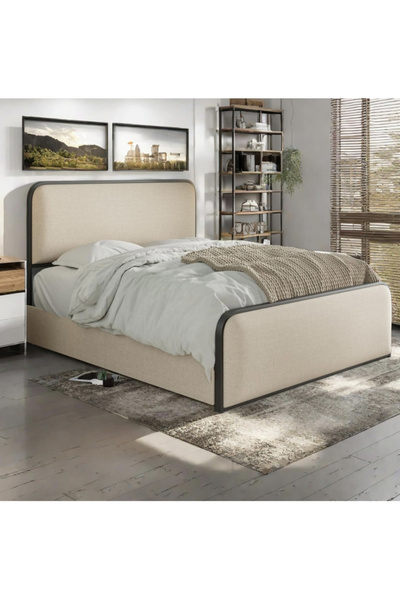 MarketMob Pat cu sertare 180x200 cm, tapițat cu material textil bej, cadru me...