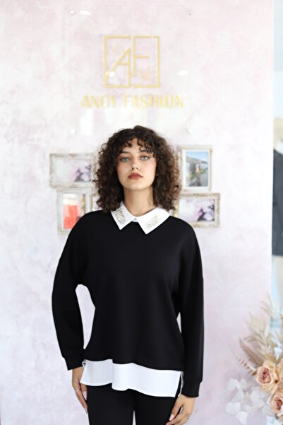 Angy Fashion "Black &amp; White Elegance" Shirt with Pearl-Embellis...