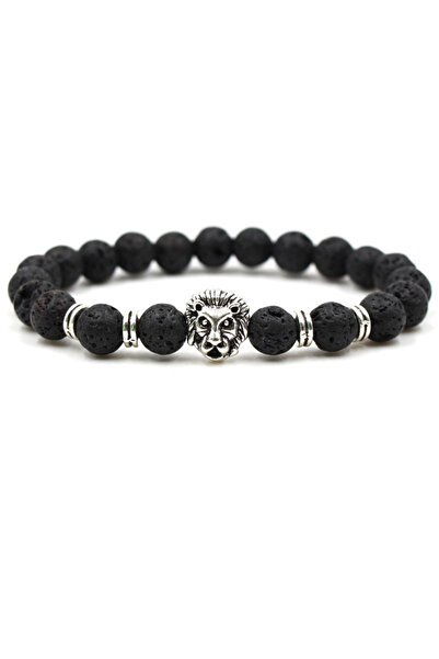 EFAYN.RO Bratara din roca vulcanica semipretioasa, cap de leu argintiu, creat...