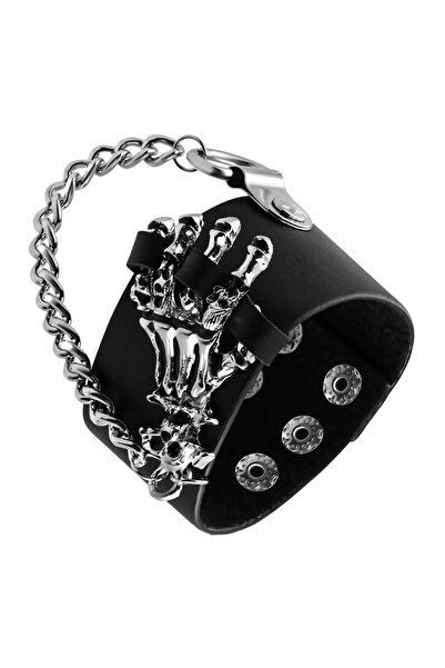 EFAYN.RO Synthetic Leather bracelet with skeleton hand, accessorized with cha...