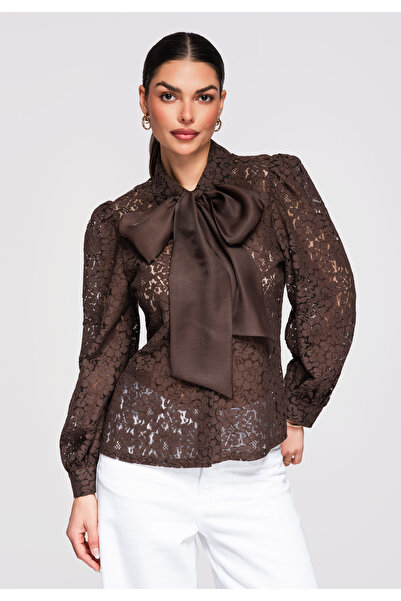 OMBRE Femei Cămașă Dantelă Elegantă OW-SH-E0012 Maro