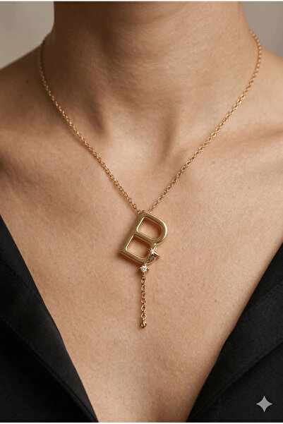 staınless steel 316L Altın Kaplama Çelik Taşlı B Harf Kolye (Kararmaz, Paslan...