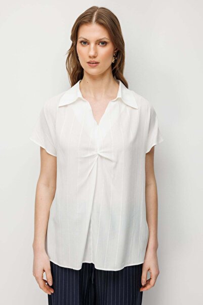 Ekol Women's Plus Size Front Ruched Striped Detail Blouse 2548 Ecru