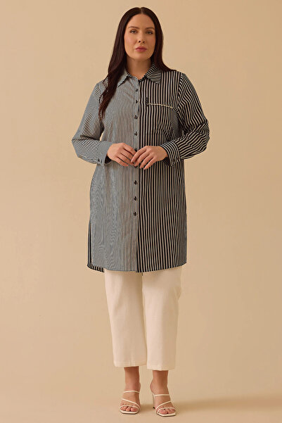 Gala-Xi Galaxi Women's Large Size Striped Stone Detailed Tunic 4003 Black