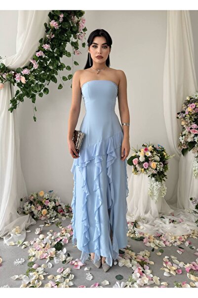 Ayzde Fashion Straplez Şifon Uzun Elbise