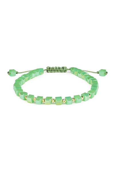 One Gold Bracelet with 10 beads 14K Gold "585" and green cubic crystals, adju...