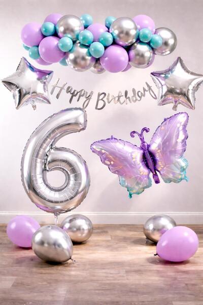 Patladı Gitti Lilac Butterfly Themed 6Th Birthday Balloon Decoration Set – Li...