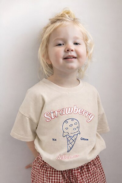 E-ROMA Strawberry Ice Cream Printed Oversized Unisex Children's T-Shirt 1Gh6