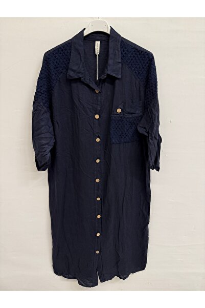 della moor Navy Blue Italian Shoulder Length Ö Knitted Detail Long g Shirt Dr...