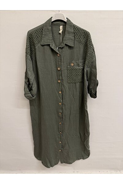 della moor Khaki Italian Shoulder Length Ö Knitted Detail Long g Shirt Dress ...