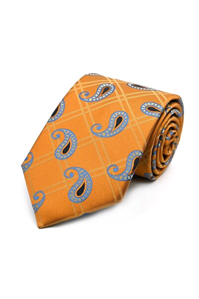 Sade Kravat Orange Mustard Blue Plaid Shawl Patterned Special Woven Tie 33373...