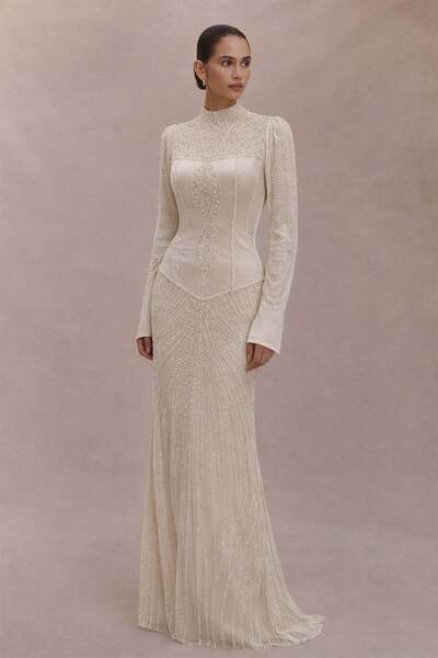 Olcay Boncuk ve Taş Bezeli Korseli Exclusive Tesettür Abiye Elbise BEJ 1079