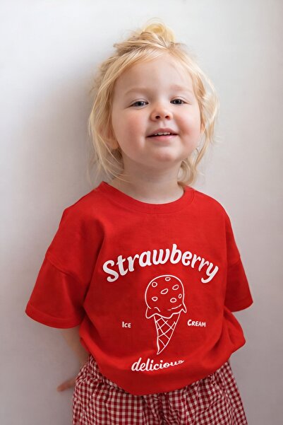 E-ROMA تي شيرت للأطفال كبير الحجم مطبوع عليه آيس كريم الفراولة 1GH6