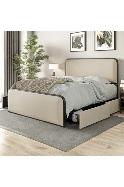 MarketMob Pat Vida sertare 160x200 cm Tapitat Stofa Bej Somiera Metalica Incl...