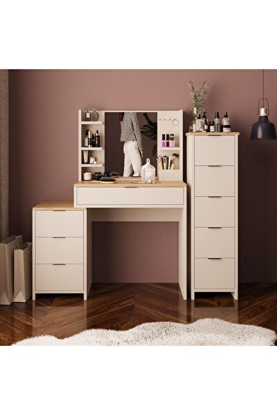 Bimossa T3060 İzabel Çekmeceli Dolaplı Makyaj Masası Sepet-Kumtaşı Aynalı, 3 ...