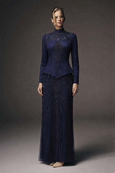 Olcay Boncuk ve Taş Bezeli Korseli Exclusive Tesettür Abiye Elbise LACİVERT 1079