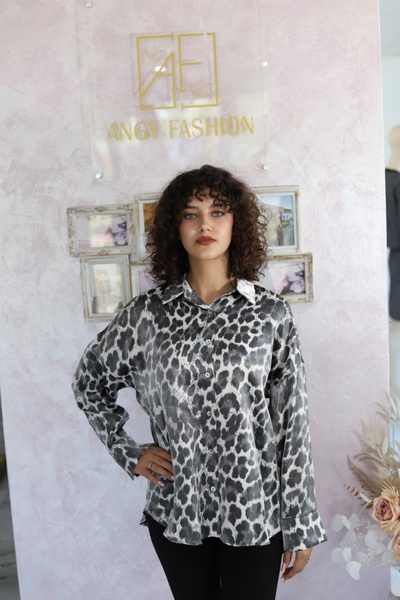 Angy Fashion "Wild Elegance" Satin Shirt with Animal Print Size: 38