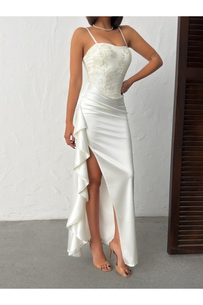 ADAMODA.RO Elegant long satin dress with embroidered bust and sequins