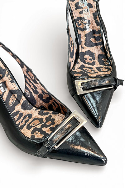Elexus Γυναικεία ημιγυαλιστερή σόλα λεοπάρ με αγκράφα στιλέτο με ψηλό τακούνι