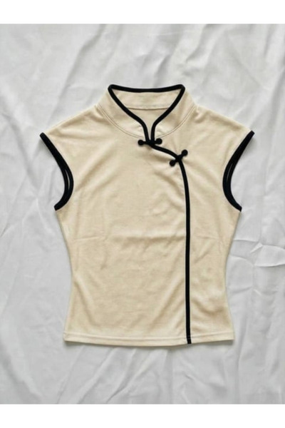 DREICH Mandarin Collar Stripe Qipao Y2K Short Sleeve Cropped