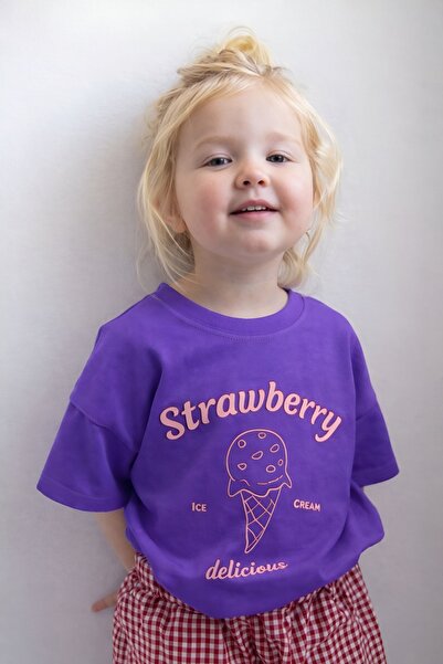 E-ROMA Strawberry Ice Cream Printed Oversized Unisex Children's T-Shirt 1Gh6