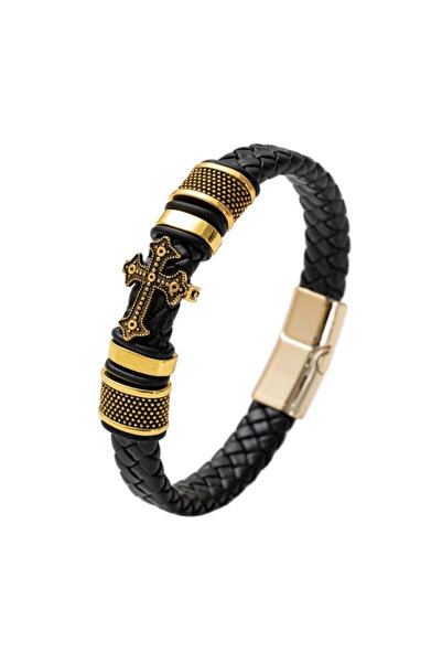 EFAYN.RO Men's bracelet, cross accessory and metal details, fixed size, gold,...