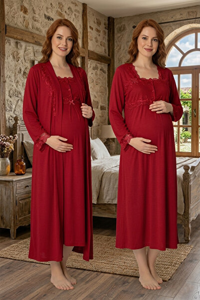 lohusahamile Комплект нощница от памук с дантелена нагръдница за бременни и р...