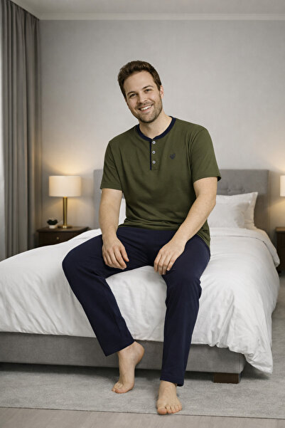 FORMO Men's %100 Natural Cotton Short-Sleeved Buttoned High Quality Pajama Set