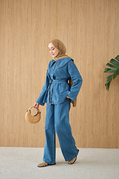 LOCCO Дамски комплект от дънки с бебешка яка и връзки на талията, ледено син