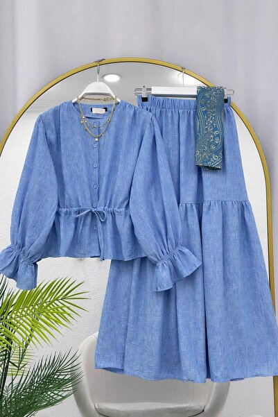 VOLT CLOTHİNG Linen Beli B Ruched Skirt Suit